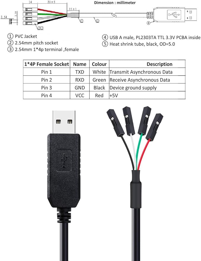 DTECH USB to TTL Serial 3.3V Adapter Cable TX RX Signal 4 Pin 0.1 inch Pitch Female Socket PL2303 Prolific Chip Windows 10 8 7 XP Vista (6ft, Black)