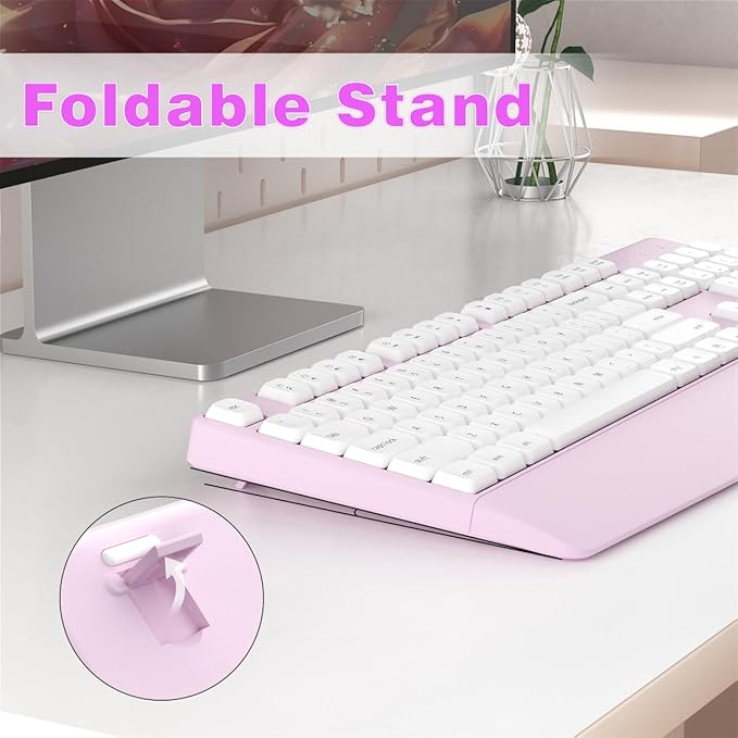 Wireless Keyboard and Mouse Combo, Ergonomic Keyboard with Wrist Rest, 2.4Ghz Wireless Connection, Compatible with PC/Laptop/Windows/Mac for Home and Office Use (White Pink)