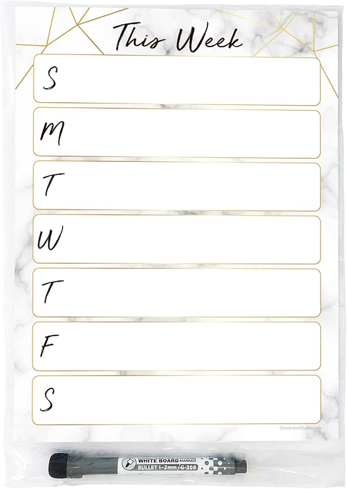 Dry Erase Weekly Calendar Planner Sticker Decal | Removable & Reusable | Magnetic Fine-Tip Marker Included (9 x 12 inches, Marble)