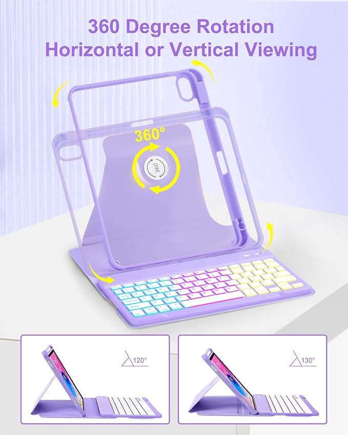 Case with Keyboard Mouse for iPad A16 11th 10th Generation 11/10.9 inch,Rainbow Backlit Detachable Keypad Rotatable Magnetic Cover with Pencil Holder for iPad 11 2025 10 Gen 2022 Purple