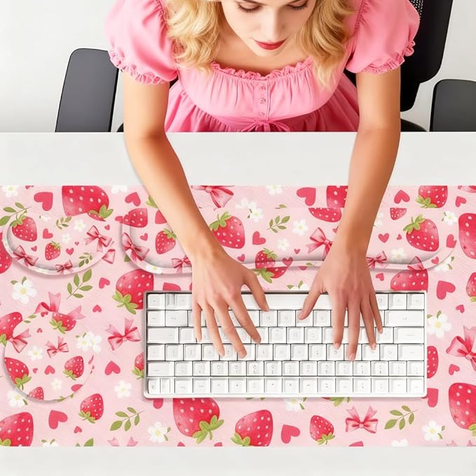 4 in 1 Large Keyboard Mouse Pad Set, Ergonomic Keyboard Wrist Rest Pad, Wrist Support Mousepad Set, Cup Coaster, Extended Desk Mat for Home Game Women Office Desk Decor Accessories(Pink)