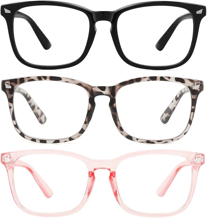 MEETSUN Blue Light Blocking Glasses, Anti Eye Strain Headache (Sleep Better),Computer Reading Glasses UV400 Transparent Lens (Black+Leopard+Pink / 3 PACK, 53)