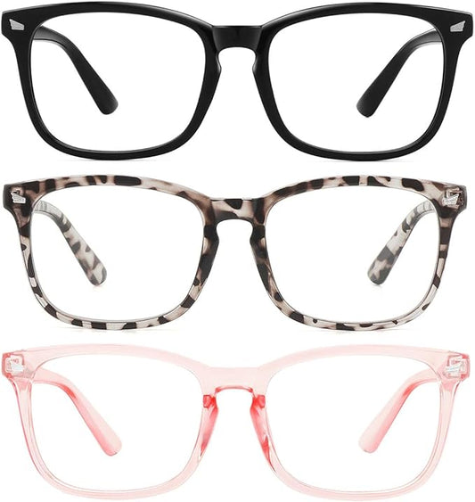 MEETSUN Blue Light Blocking Glasses, Anti Eye Strain Headache (Sleep Better),Computer Reading Glasses UV400 Transparent Lens (Black+Leopard+Pink / 3 PACK, 53)
