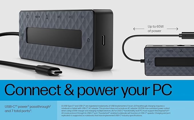 HP Universal USB-C 7-in-1 Multiport Hub Docking Station Bundle w/DKZ Hub, 4 USB Ports, Display Port 1.2, HDMI 2.0, RJ-45, USB-C Powered, No Power Supply, w/Single Cable Connection to Any Brand Laptop