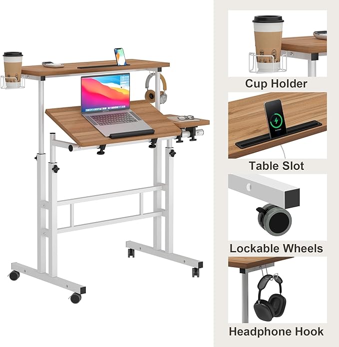 SogesPower 2 Platforms Mobile Laptop Desk Adjustable Side Table Computer Stand for Bed Sofa,Mobile Standing Desk with Cup Holder and Hooks,Oak