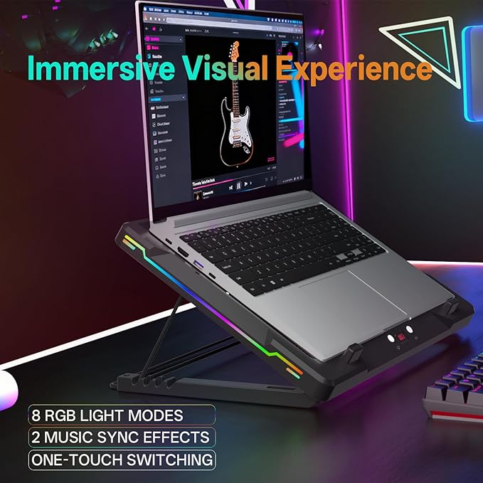 DEPGI Movable RGB Laptop Cooler with 5.5" Sliding Fan, Ergonomic Cooling Stand with 8 Light Modes for 14-17.3 Inch Gaming Laptops