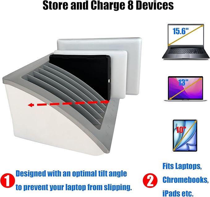 6-Pack | 8-Device Laptop & Tablet Charging Station for Multiple Laptops - Chromebook Organizer for Classroom & Office - Fits up to 15.6'' Screensize and 1.375'' Thick
