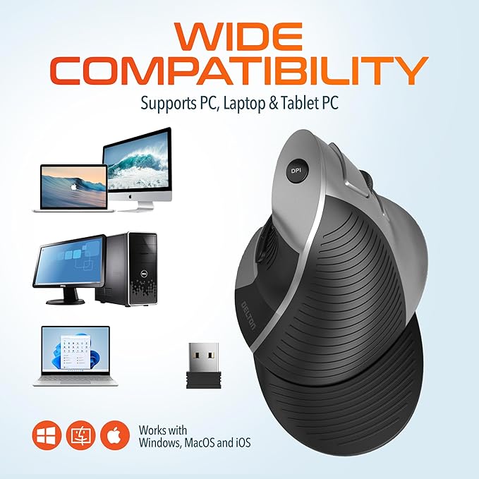 Delton S22 Vertical Wireless Mouse, Ergonomic Design, 2.4G USB Dongle, 6 Buttons, 3 Adjustable DPI Levels (800/1600/2400), Removable Palm Rest, Silent Click & Durable for PC, Laptop, MacBook - Black