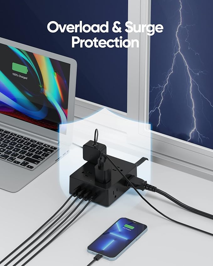 Surge Protector Power Strip, Olcorife 15ft Long Extension Cord with 8 Outlets 4 USB Ports(1 USB C), Flat Wall Plug Outlet Extender, College Dorm Room Essentials, Black