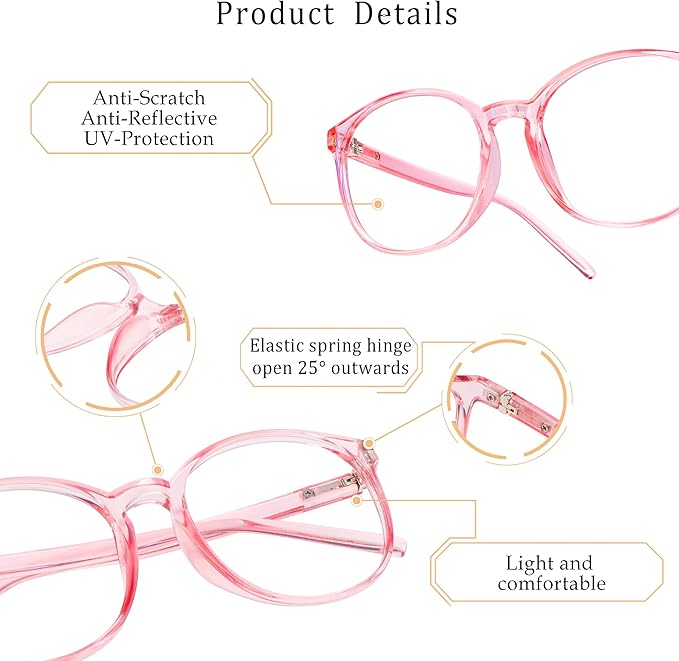 LifeArt Round Blue Light Blocking Glasses, Computer Glasses, Gaming Glasses, TV Glasses for Women Men (Clear Pink, 4.50 Magnification)