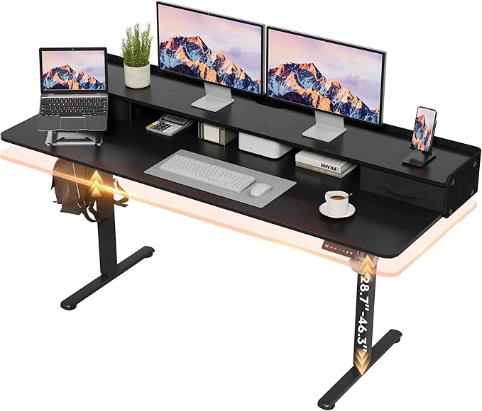 Furmax Electric Standing Desk with Drawers, Stand Up Desk with Storage Shelf Height Adjustable Computer Desk with Organizer for Home Office Ergonomic(Black, 63 Inch)