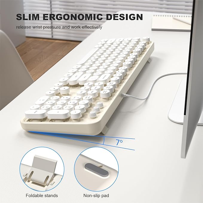 Computer Keyboard Wired, Plug Play USB Retro Round Typewriter Keyboard, Full Size Wired Keyboard with Foldable Stands for Laptop and Office PC