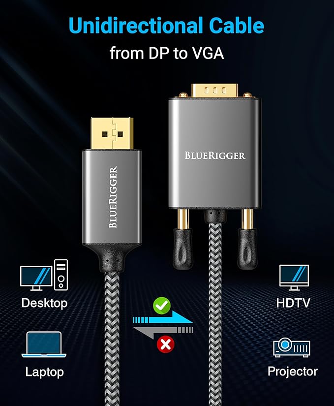 BlueRigger DisplayPort to VGA Cable (10FT, DP to VGA Monitor Cable, Uni-Directional, Male to Male, Display Port Source to VGA Cable Converter) - Compatible with Laptop, Monitor, Desktop, HDTV