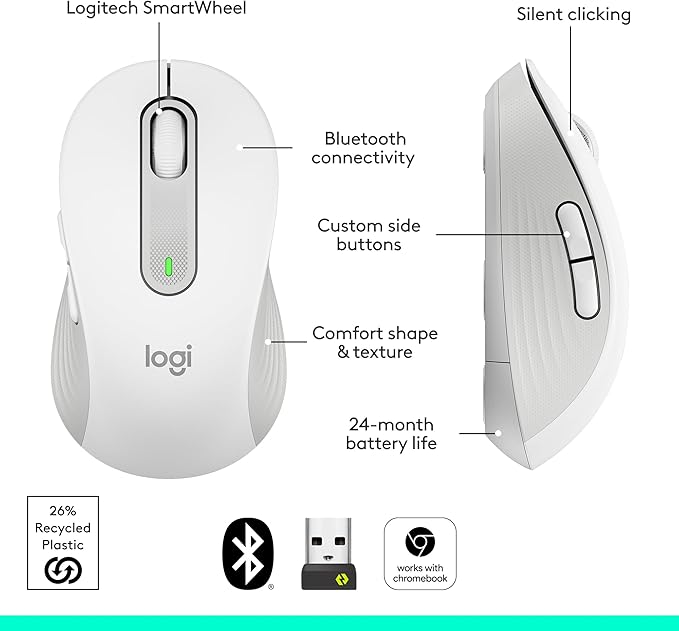 Logitech Signature M650 L Full Size Wireless Mouse - for Large Sized Hands, 2-Year Battery, Silent Clicks, Customizable Side Buttons, Bluetooth, for PC/Mac/Multi-Device/Chromebook - Off White