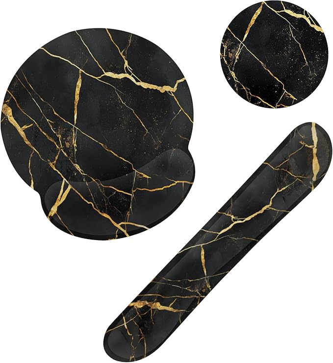 Golden Black Flowing Marble Mouse Pad with Wrist Rest and Keyboard Wrist Rest Set, Non-Slip Rubber Base Memory Foam Mouse Pad Set for Women, Office Desk Accessories, Gaming