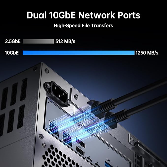 Thdeukoty Desktop NAS 8-Bay, Ultra 9 285H AI CPU, 32GB LPDDR5 8400Mhz RAM, 2 x 10GbE, 2 x M.2 NVMe Slots, HD/DP, PCIe 4.0 x 8 Slot, USB 4, Support Dual System Network Attached Storage (Diskless)