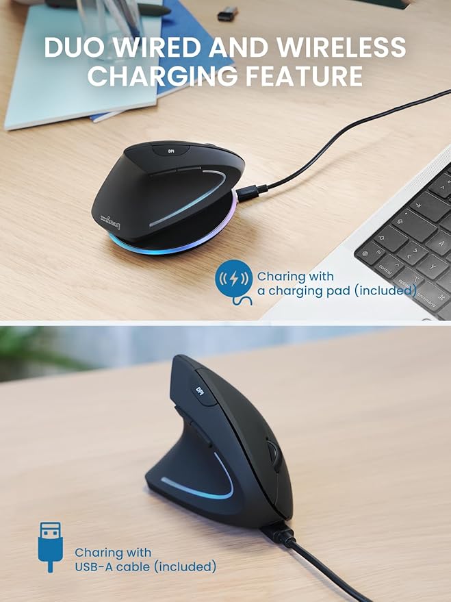 Perixx PERIMICE-713LRX - Left Handed Cordless Rechargeable Vertical Mouse - Duo Wired and Wireless Charging Feature - Included Wireless Charger - Left Handed