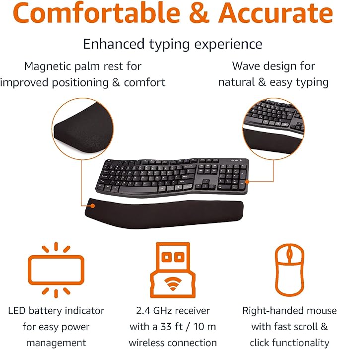 Amazon Basics Ergonomic Wireless Keyboard and Mouse Combo with Wrist Rest, Plug and Play, 2.4 GHz USB, Easy to Use, Black