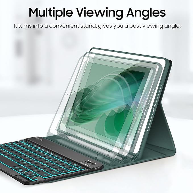 FINTIE Backlit Keyboard Case for iPad 9th / 8th / 7th Generation (2021/2020/2019) 10.2 Inch, Soft TPU Back Cover with 7 Colors Backlight Magnetically Detachable Bluetooth Keyboard, Midnight Green