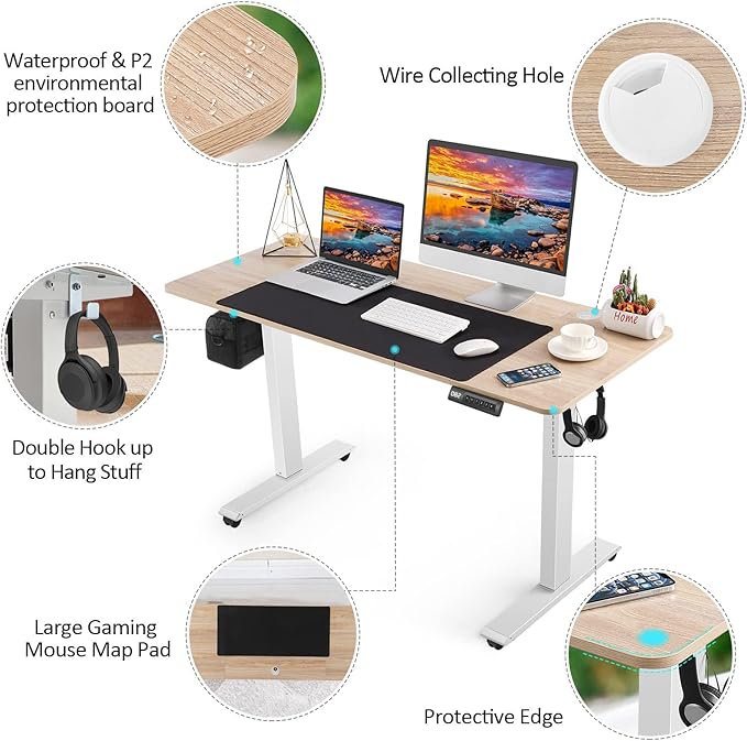 Standing Desk Adjustable Height, 48'' x 24'' Electric Sit Stand Desk for Home Office, Modern Rising Sturdy Ergonomic Workstation with Hooks and Wheels, Oak Grey