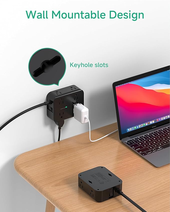 Extension Cord 20 FT, Surge Protector Power Strip with 8 Wide Outlets 4 USB Ports, Flat Plug, Mounted, Overload Protection, Indoor Home Office Apartment Dorm Room Essentials