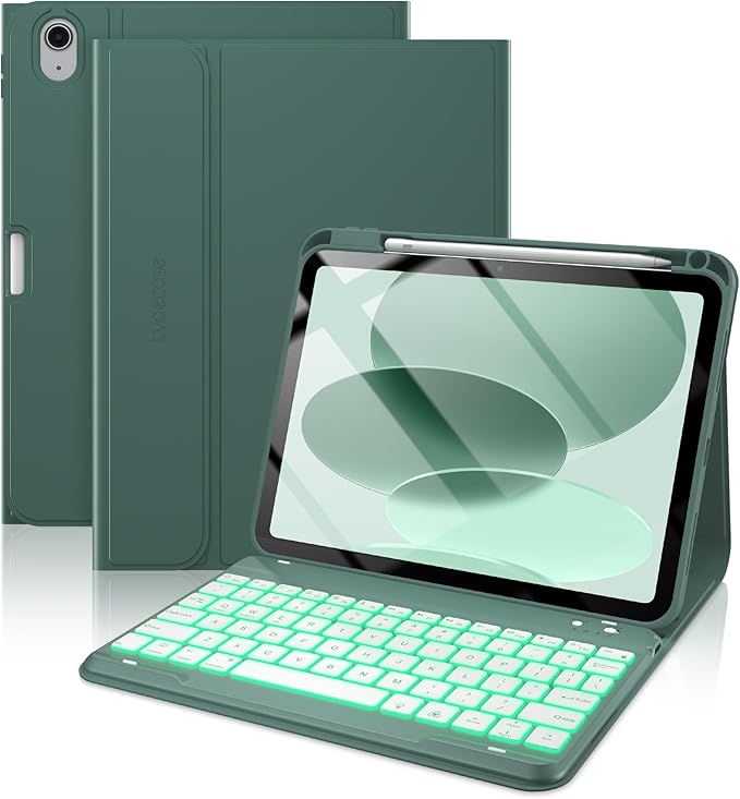 typecase Folio Keyboard Case for iPad 10th Gen 10.9 inch (2022) and iPad 11th (A16, 2025), Magnetic Wireless Detachable Keyboard, 7-Color Backlight, Thin & Light, Pencil Holder – Midnight Green