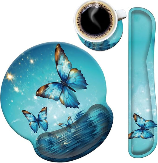 Mouse Pad Wrist Support and Keyboard Wrist Rest with Coaster,Non-Slip Rubber Base Ergonomic Gaming Mousepad for Home Office Working Studying Easy Typing & Pain Relief,Blue Magic Butterfly Over Water