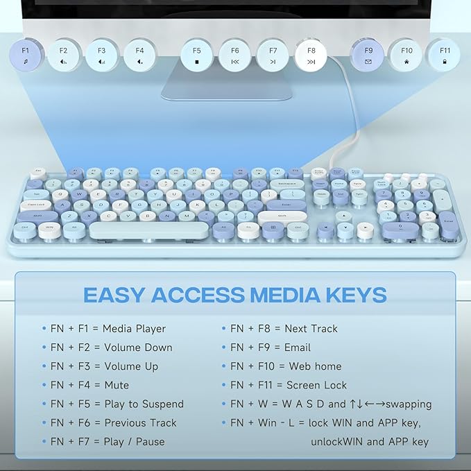 USB Wired Computer Keyboard - Retro Typewriter Keyboard - Full Size Office Keyboard with Number Pad, Caps Indicators, Foldable Stands, for PC Laptop Desktop Windows (Blue Colorful)