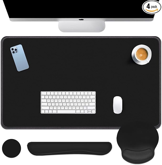 Britimes Black Keyboard Mouse Pad Set Black 4 in1 Large Mousepad+Keyboard Wrist Rest+Mouse Wrist Rest+Coaster Ergonomic Design for Home Office Computer 35.4x15.7Inches