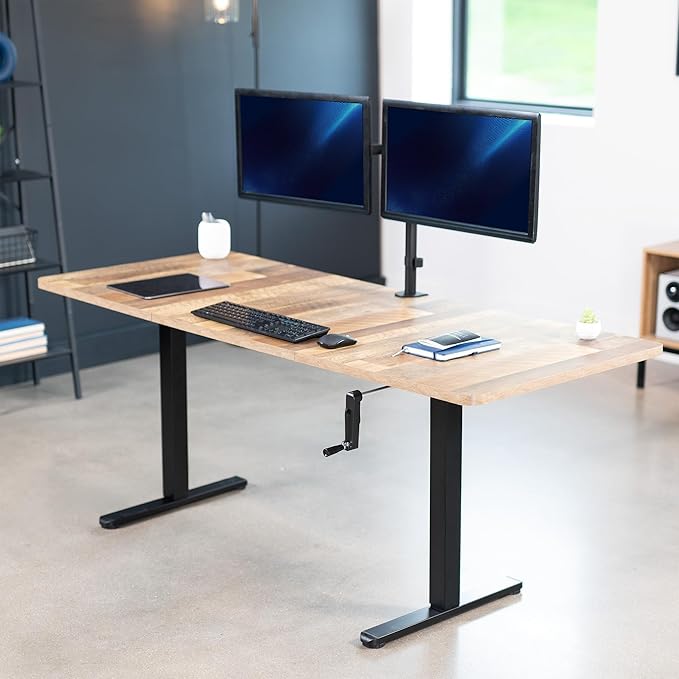 VIVO Manual Height Adjustable 71 x 30 inch Stand Up Desk, Reclaimed Wood Table Top, Black Frame, Standing Workstation with Foldable Handle, DESK-KIT-MB7P