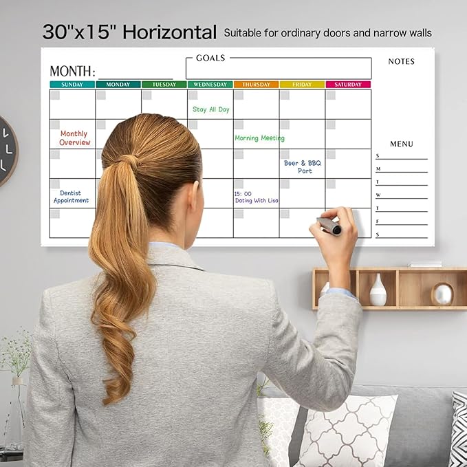 Large 15x30 Dry Erase Wall Calendar - 3-Month Undated Whiteboard Planner for Office, Classroom, Home | Reusable with Markers & Stickers (Horizontal Landscape Layout)