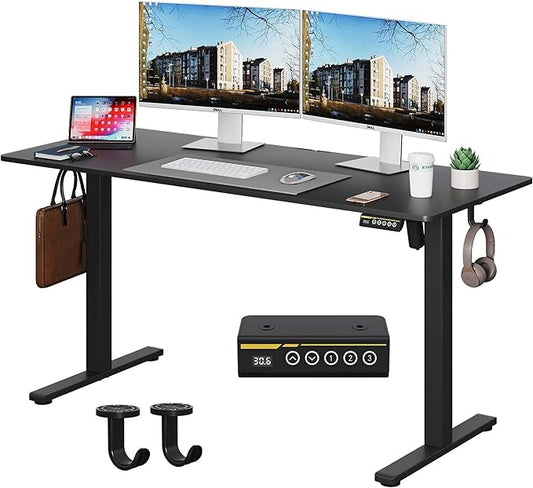 Large Electric Standing Desk,55x24 Inches Adjustable Height Stand up Desk, Sit Stand Home Office Desk, 3 Preset Heights,Equipped with Hooks,Ergonomic Computer Desk Workstation，Black