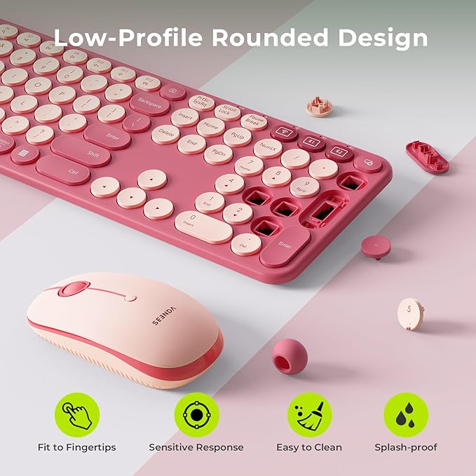 seenda Wireless Bluetooth Keyboard and Mouse Combo, COE202 Retro Cute Round Keycaps, 3 Multi-Device Connection, Full Size Keyboard Compatible for PC/Laptop/Mac/MacBook/iPad/Tablet, Pink