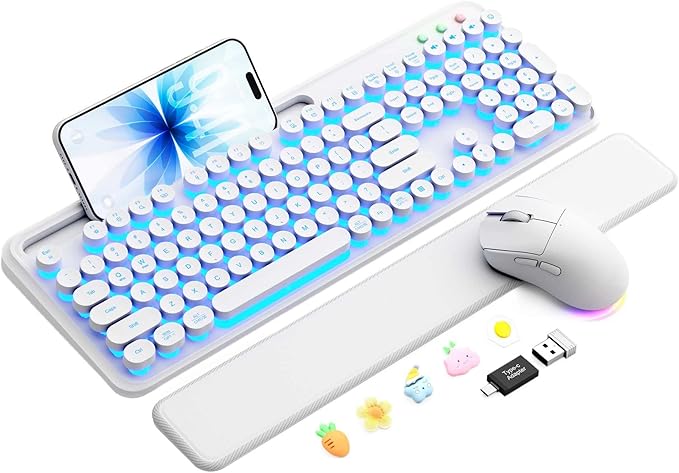 Wireless Keyboard and Mouse Combo - Backlit Typewriter Keyboard with Magnetic Wrist Rest & Phone Holder, Light Up Round Keys, 2.4GHz Cordless Set for Mac, Windows, PC, SABLUTE (Cloud Dancer White)