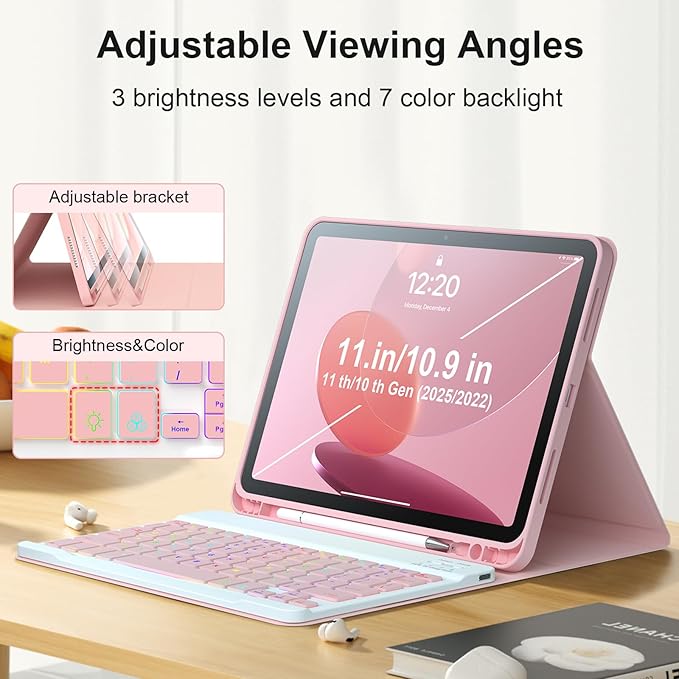 iPad 11th 10th Generation Case with Keyboard 10.9 Inch 2022 Detachable Wireless 7Colors Backlight Keyboard Case with Pencil Holder for and Magnetic Disc Universal Stylus Pen New iPad 10th Gen Pink