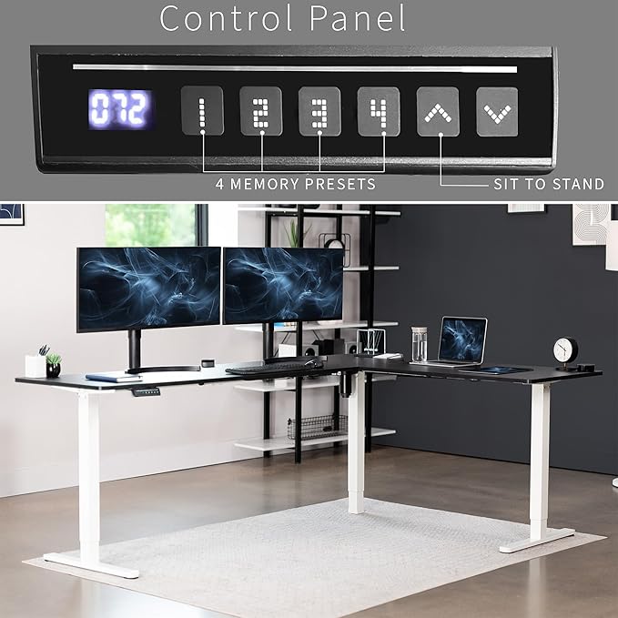 VIVO Corner Standing Desk, 84 x 63 inch Reversible L-Shaped Workstation, Electric Height Adjustment, Home, Office, and Reception Rooms, Black Table Top White Frame, DESK-E3CTWB-84