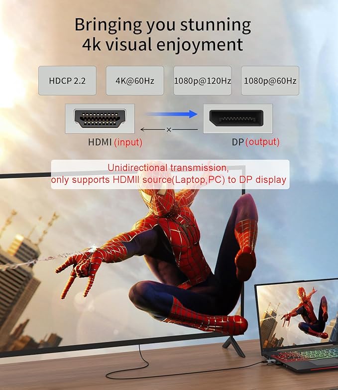 HDMI to DisplayPort Adapter [1 Pack], 4k@60Hz HDMI to DP Converter, Aluminium Male to Female Adapter Compatible with PC, Graphics Card, Laptop and More