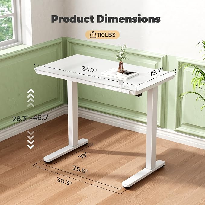 Glass Small Standing Desk with Drawer, 35" x 20" Whole Piece Electric Sit Stand Table, Height Adjustable Desk with Storage & USB Ports, Quick Install Home Office Computer Desk, White