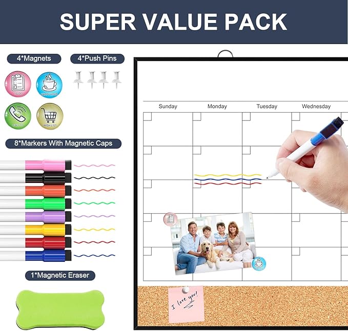 TANKEE Dry Erase Calendar for Wall - 16"X12" Double-Sided Whiteboard Cork Board Como, Small Hanging Magnetic White Board Monthly Calendar for Wall, Home, Office, Kitchen, Planning, School