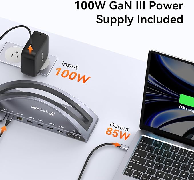 TobenONE MacBook Docking Station Dual 4K Monitor for M1-M5 Pro/Max, 13-in-2 USB C Docking Station with 100W Power Adapter, Laptop Dock Stand with 2 HDMI, VGA, 5 USB, PD 3.0, RJ45, SD/Micro SD, Audio