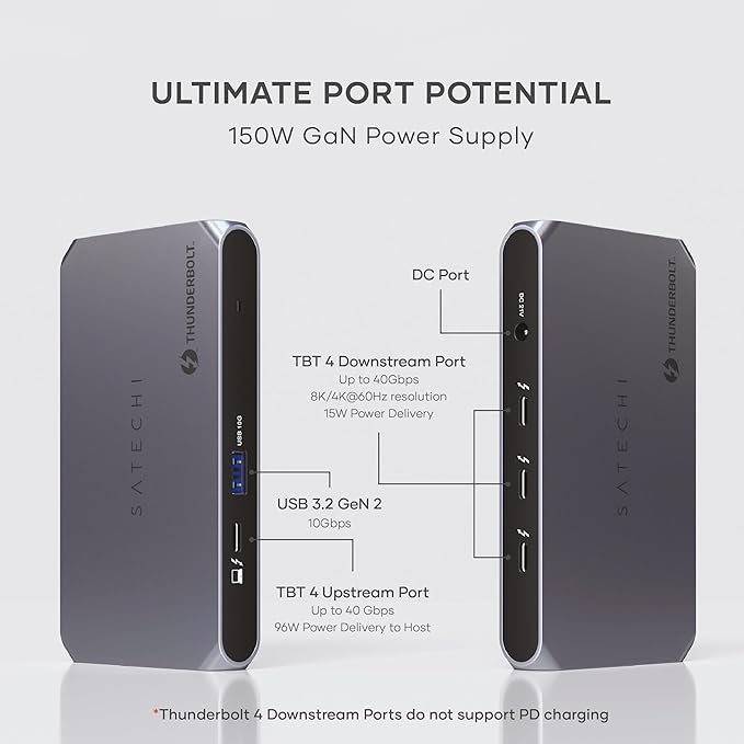 Satechi Thunderbolt 4 Dock Slim Hub Pro, USB C 100W Charging, Single 8K or Dual 4K Display, 4 Thunderbolt 4 Ports, USB 3.2 Gen2, for Mac/Windows, MacBook Air/Pro M5/M4, Dell, Surface, Lenovo
