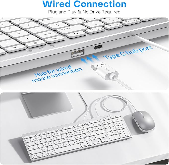 OMOTON Keyboard and Mouse for Mac, Wired Keyboard for Mac with Numeric Pad Dual Interface (Type-C & USB), Mouse with USB A Interface for MacBook Pro/Air, iMac, Mac mini/Pro Laptop, Silver White