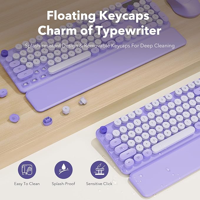 Wireless Keyboard and Mouse Combo, Round Keycaps, Full-Size Retro Typewriter Keyboard with Magnetic Wrist Rest, Sleep Mode & Tilt Legs, 2.4GHz Cordless Connection for Mac, Windows PC (Lilac Purple)