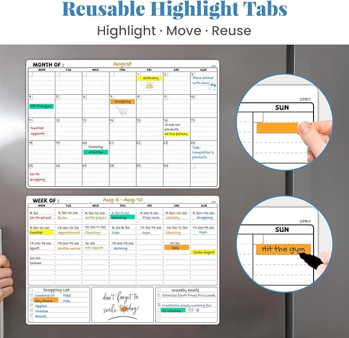 JJPRO Magnetic Dry Erase Calendar&54 Reuasble Sticky Highlight Tabs for Refrigerator-Reusable Monthly Calendar,Weekly Planner&Reuasble Sticky Highlight Tabs/Notes for Fridge-Starts Monday-16.5"x11"