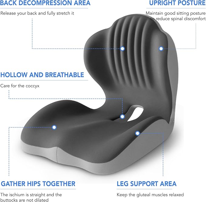 Ergonomic Waist Support and Seat Cushion, 2-in-1 Memory Foam Pad, Hollow Design for Coccyx, Suitable for Office Chairs, Car Safety Seats and Household Use - Relieves Lower Back and Hip Pain (Grey)