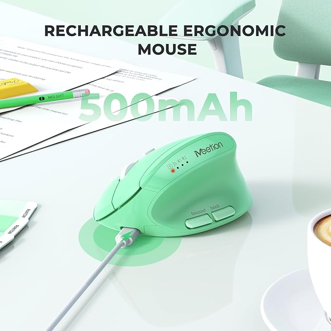 MEETION Ergonomic Wireless Mouse, Bluetooth Vertical Rechargeable Mice, 4 Adjustable DPI 800-2400, Bluetooth 5.2+5.2+USB Mouse for Windows/Mac, for Laptop/PC/Desktop/Computer/iPad -Green