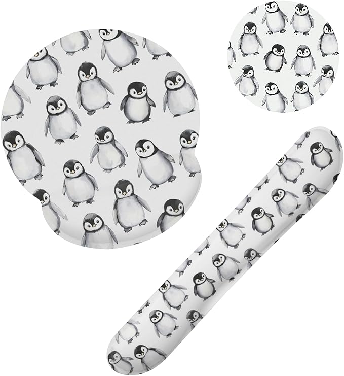 Funny Cute Penguin Mouse Pad with Wrist Rest Set, 3-in-1 Wrist Support Mousepad Set, Gaming Mat Pad with Anti-Skid Base,Ergonomic Memory Foam Mouse Pad Set for Women, Office, Typing, Gaming