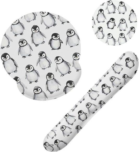 Funny Cute Penguin Mouse Pad with Wrist Rest Set, 3-in-1 Wrist Support Mousepad Set, Gaming Mat Pad with Anti-Skid Base,Ergonomic Memory Foam Mouse Pad Set for Women, Office, Typing, Gaming