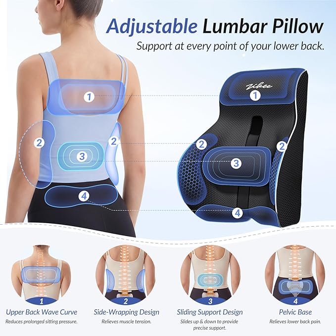 ZIKEE Adjustable Lumbar Support Pillow for Office Chair with Sliding Design for Precise Pain Relief & Support, Ergonomic Lumbar Pillow Improves Posture, Back Support Pillow for Office, Car, Home