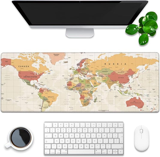 Desk Mat, Yellow Vintage World Map Extended Gaming Mouse Pad Large, 31.5"x11.8" Big Mouse Pad with Non-Slip Base and Stitched Edge, Long Computer Keyboard Mouse Mat for Home Office Work